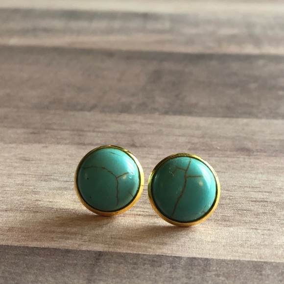 Turquoise Stone Gold 12mm Stud Earrings! - Picture 4 of 14